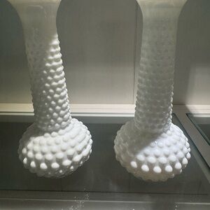 Vintage E.O. Brody Hobnail Milk Glass Vases 2 Bud Vases 7.5”